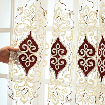 rideau beige marron broderie florale élégant classique transparent anneaux franges décoratives