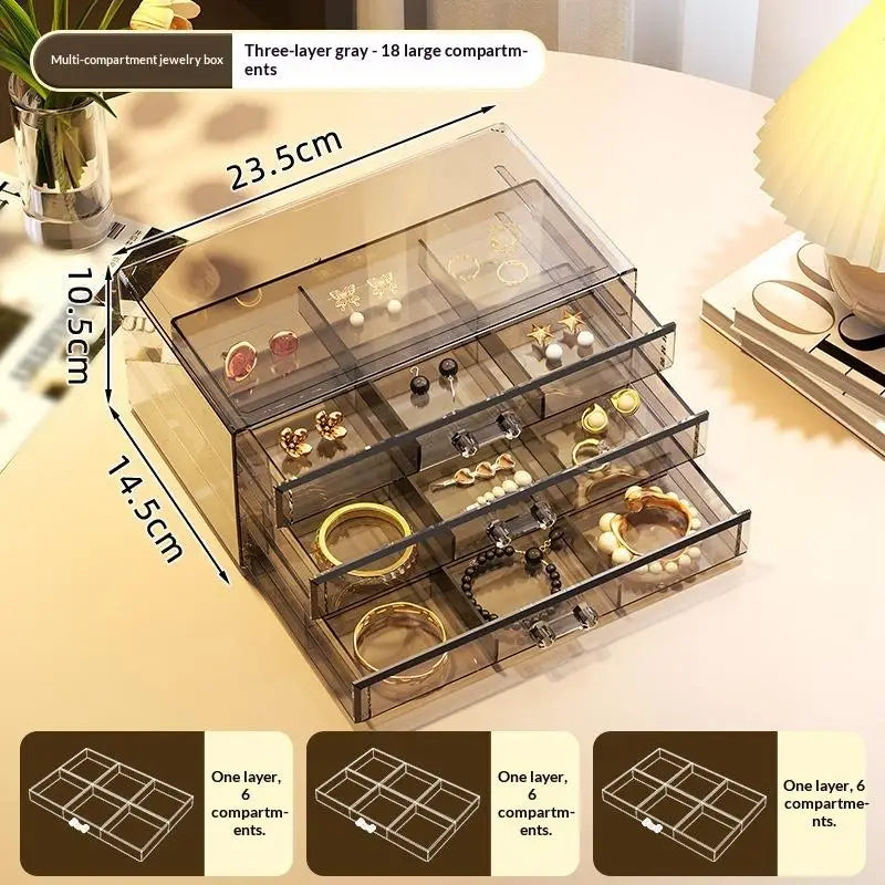 boîte rangement bijoux transparente 72 compartiments poignées métalliques moderne pratique