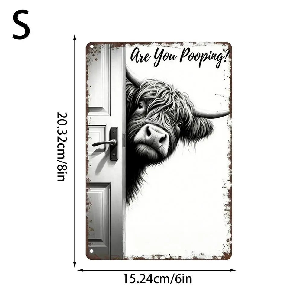 panneau decoratif metal vache highland rustique humoristique fond gris entrouverture toilettess