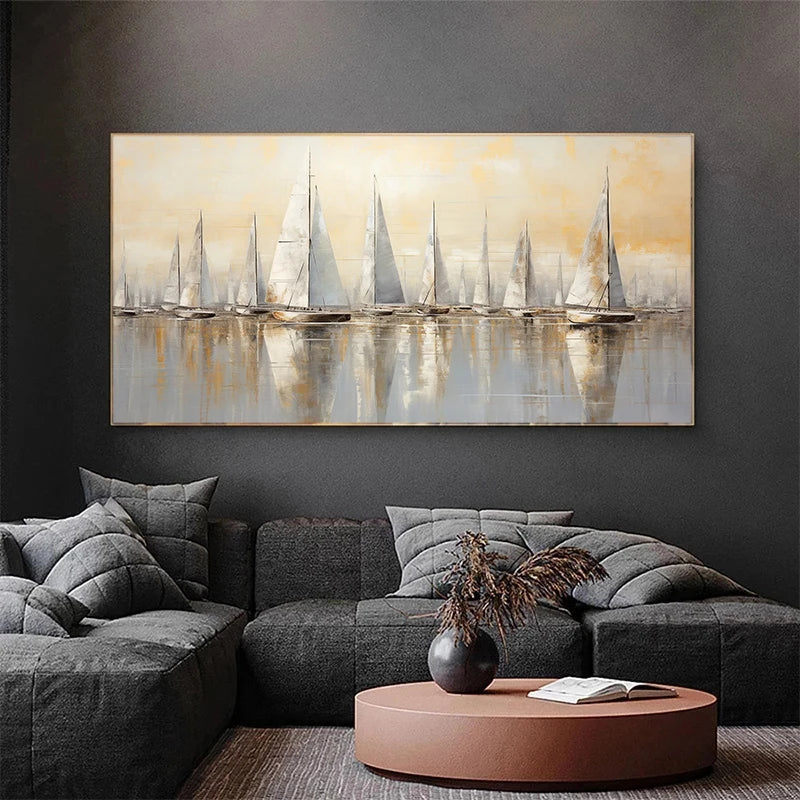 toile peinte paysage voiliers abstraction contemporaine beige gris blanc doré sans cadre
