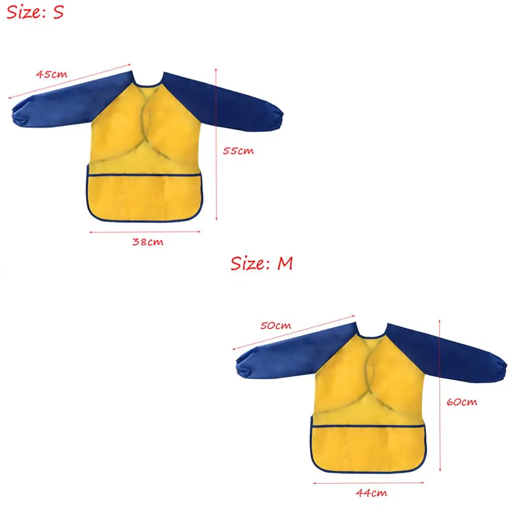 tablier peinture imperméable enfant pinceaux jaune bleu rose poche élastique pratique