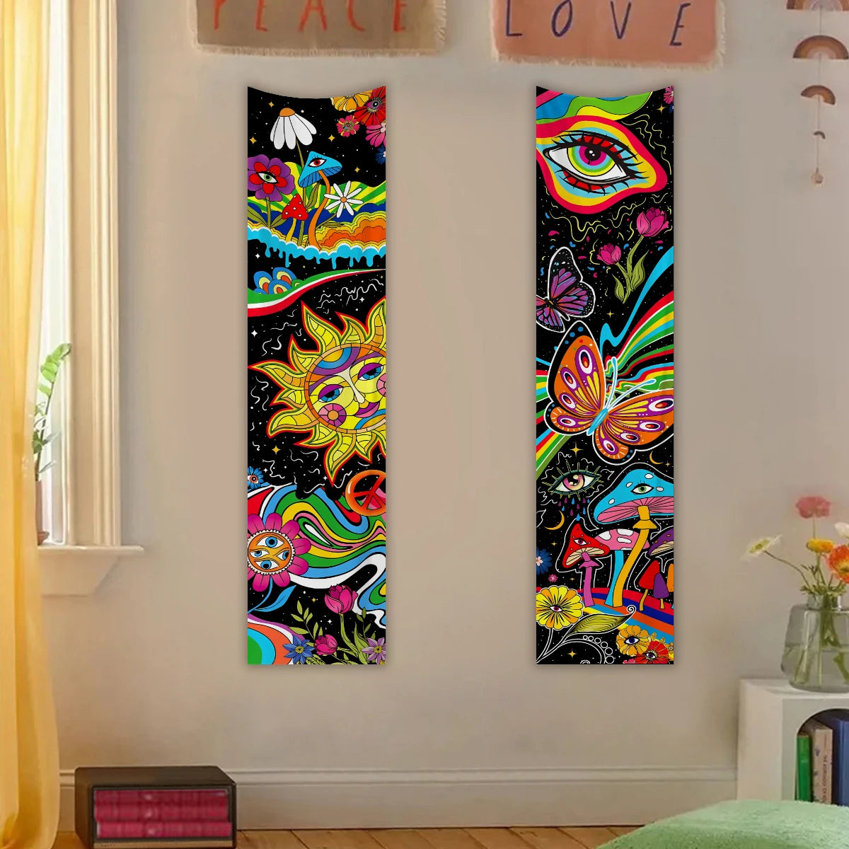 tapisserie moderne fantaisie crânes fleurs papillons oeil lune polyeste noir bleu rose