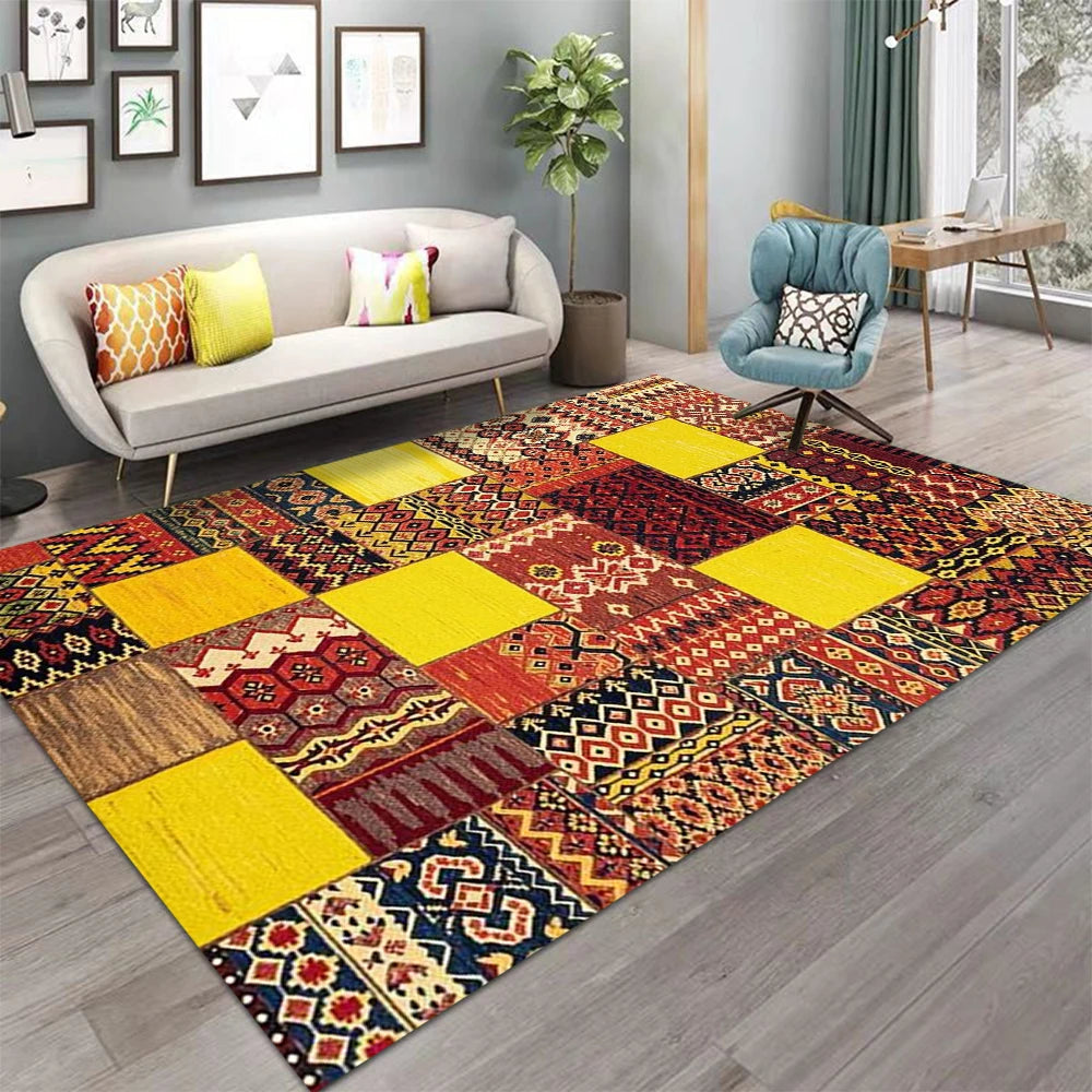 tapis boho ethnique géométrique moderne polypropylène polyester patchwork rouge marron noir beige bleuextérieur chambre
