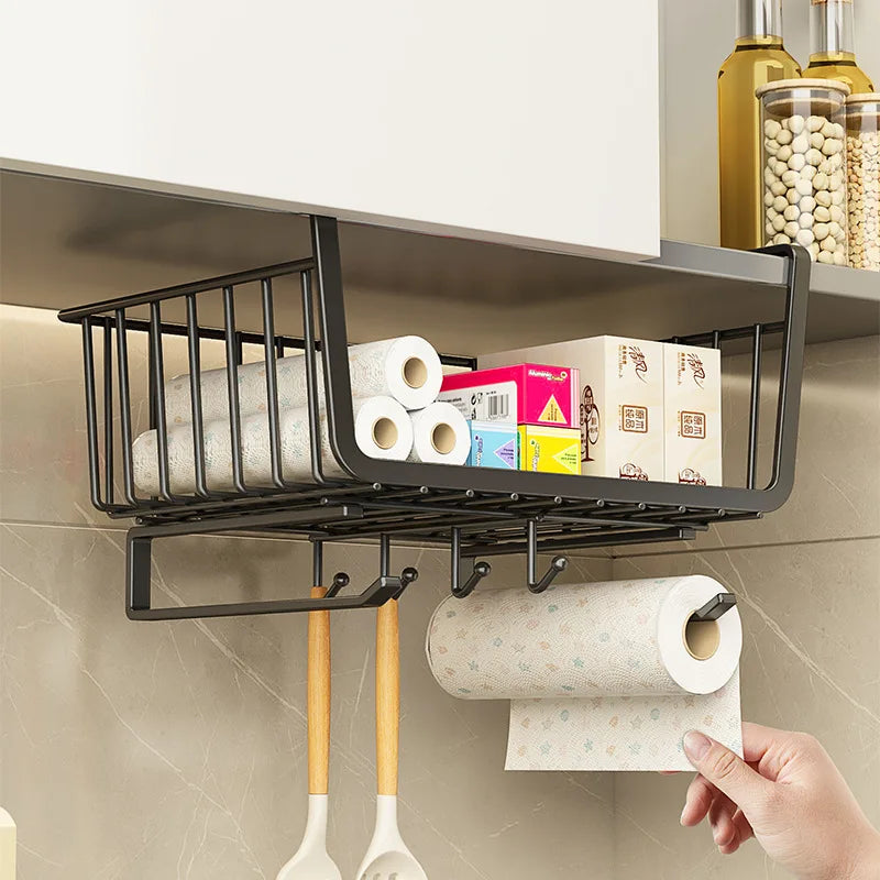 panier mural noir clips moderne rangement cuisine sous armoire crochets réutilisable métal
