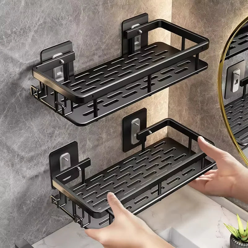 étagères salle bain noir modernes grille perforations adhésives rangement bouteilles serviettes