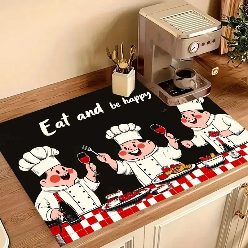 tapis cuisine noir motif chef drôle antidérapant absorbant séchage vaisselle décoration moderne