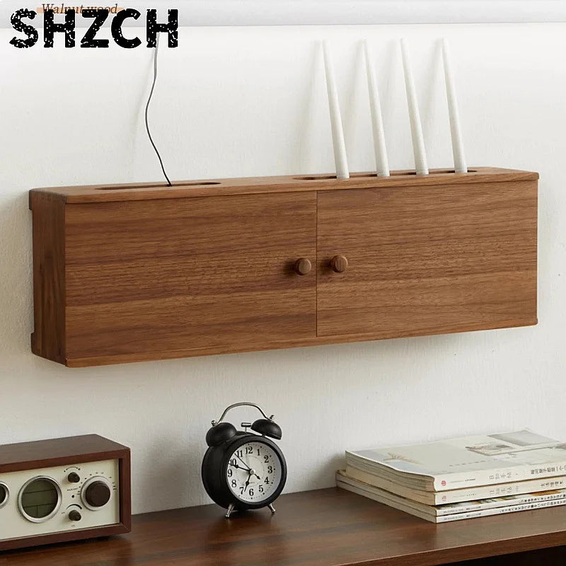 boîte rangement mural bois naturel moderne routeur décodeur wifi étagère meuble tv câbles multiprises