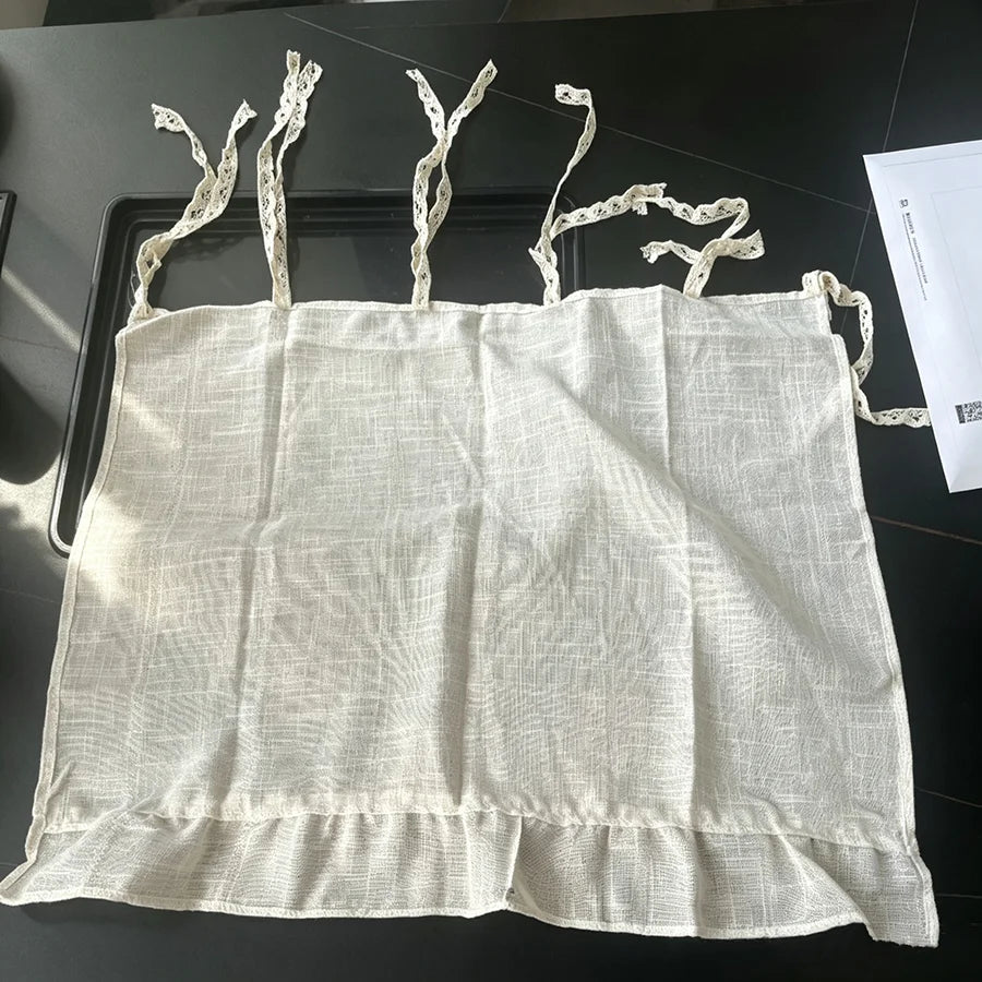 jupe meuble tissu texturé finies rayures beige clair bord frangé rustique vintage attaches nœuds