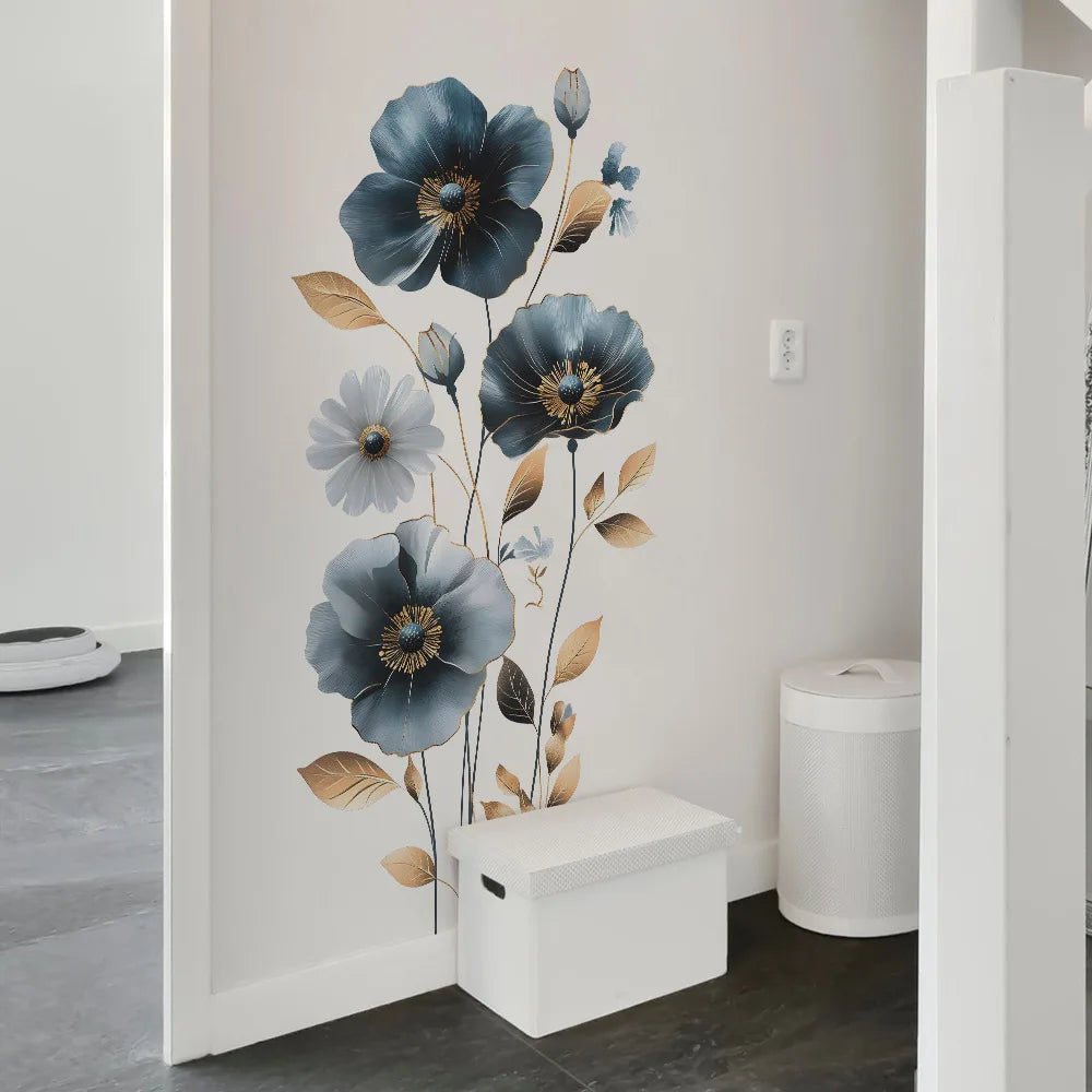 sticker mural fleurs bleues feuilles dorées moderne décoration intérieure chambre salon auto adhésif pvc