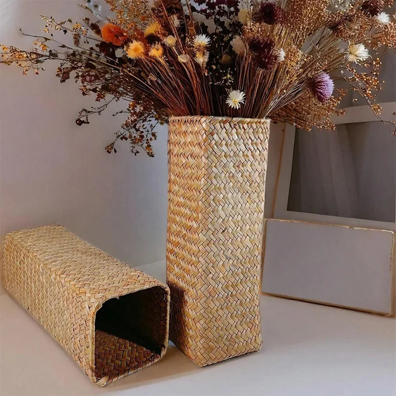 vase decoratif tressage wicker beige rustique decoration intérieure fleurs séchées branches verte