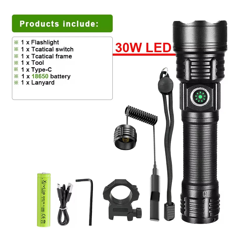 torche led tactique 30w rechargeable lumiere intense résistante autodéfense aluminium noir
