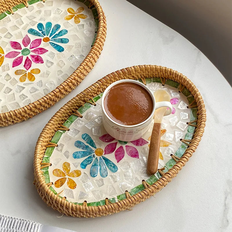 assiettes ovales rotin mosaïque coquillages boho rustique multicolore thé collations