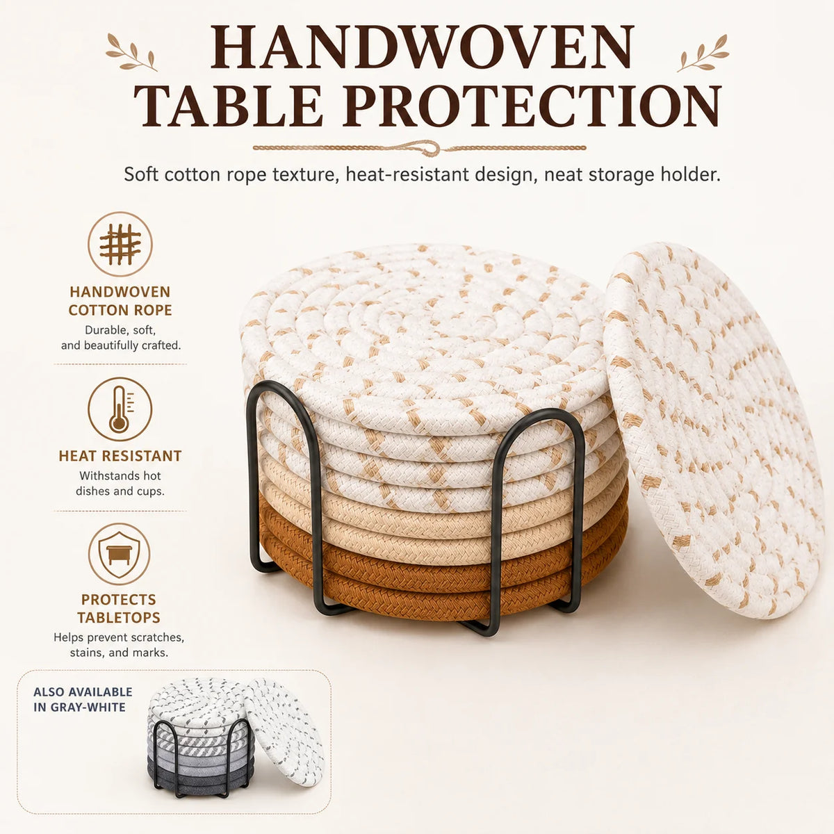 serviettes table main tissée coton beige marron gris motifs différents respectueux environnement set support