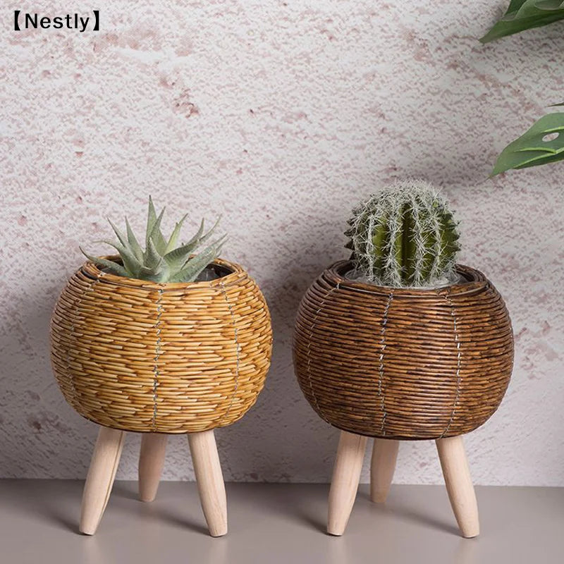 pot plante tressé rotin marron moderne rustique pieds bois artificielle