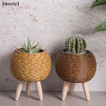 pot plante tressé rotin marron moderne rustique pieds bois artificielle
