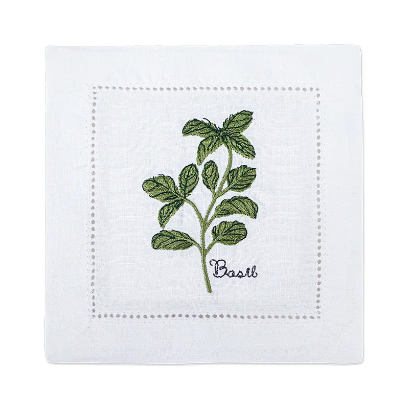 serviette cuisine lin blanc brodée motifs plantes aromatiques naturelle table élégante