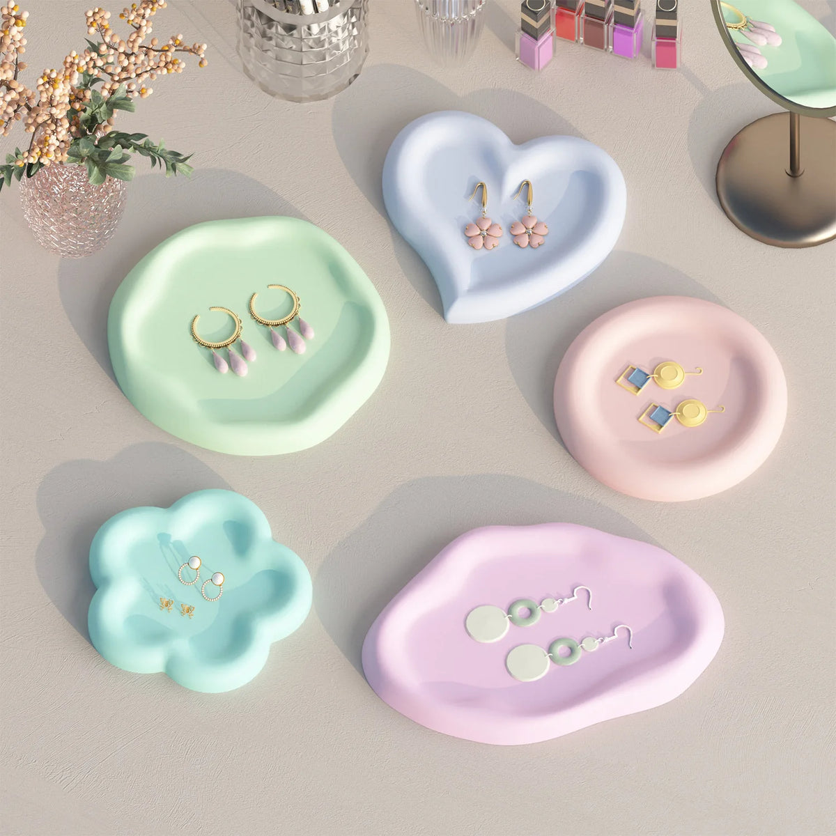 assiettes bijoux silicone géométriques modernes vert pastel blanc rose bleu pastel minimalistes