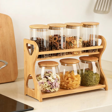 étagère moderne bois clair verre transparent compartiments rangement épices cuisine