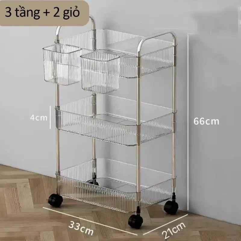 chariot roulettes transparent moderne compartiments striés rangement cosmétiques objets divers