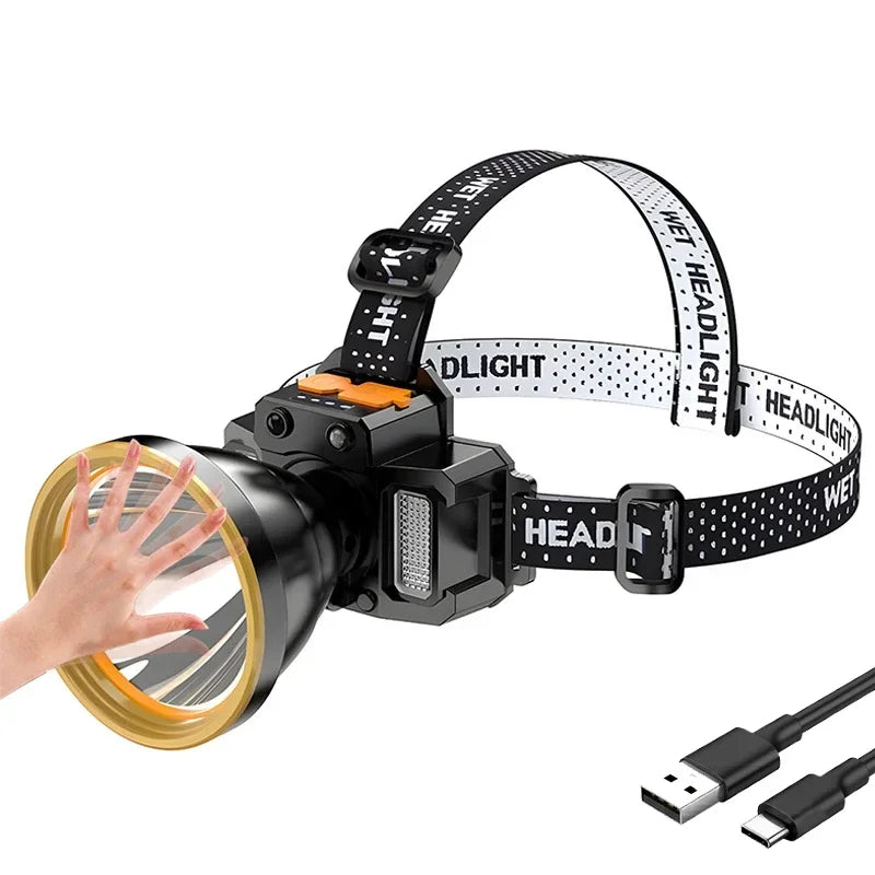 lampe frontale led rechargeable bande élastique réglable mode camping pêche chasse lumière blanche jaune