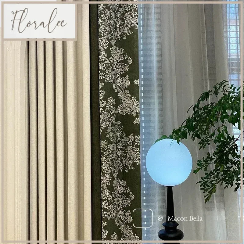 rideau occultant vert foncé motif fleurs blanches classique salon chambre maison tissu épais