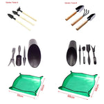 ensemble jardinage outils pelle houe brosse sac semis arrosoir pot fleurs vert noir moderne
