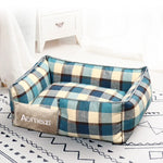lit chien matelas double épaisseur tissu doux motif carreaux gris beige confortable lavable