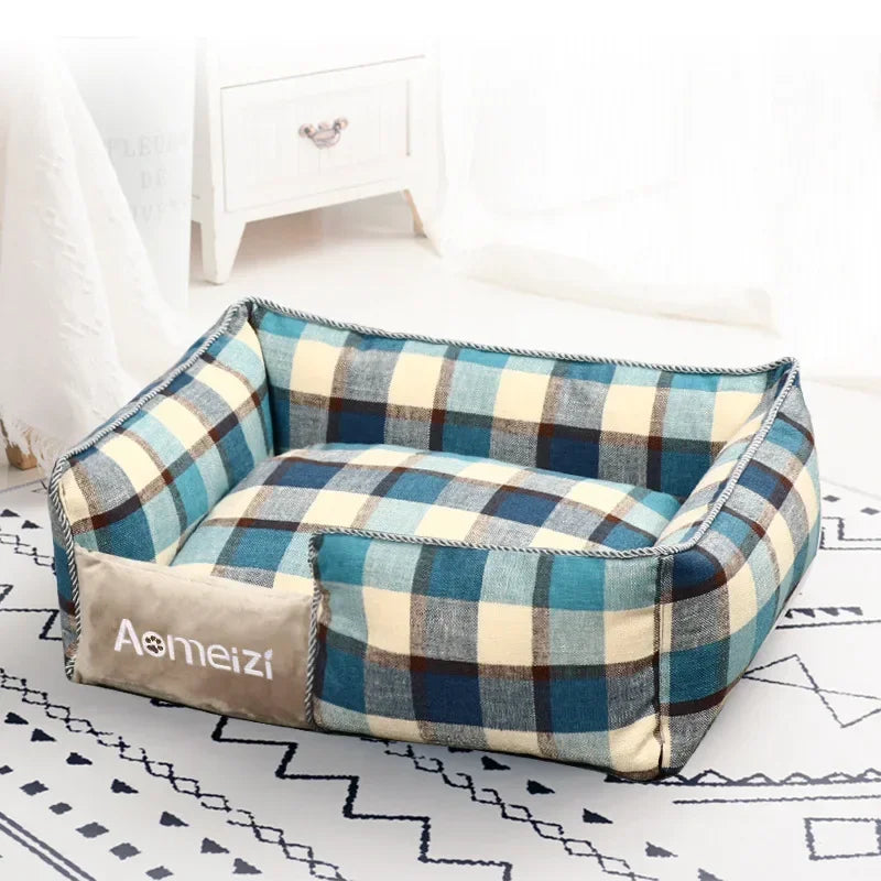 lit chien matelas double épaisseur tissu doux motif carreaux gris beige confortable lavable