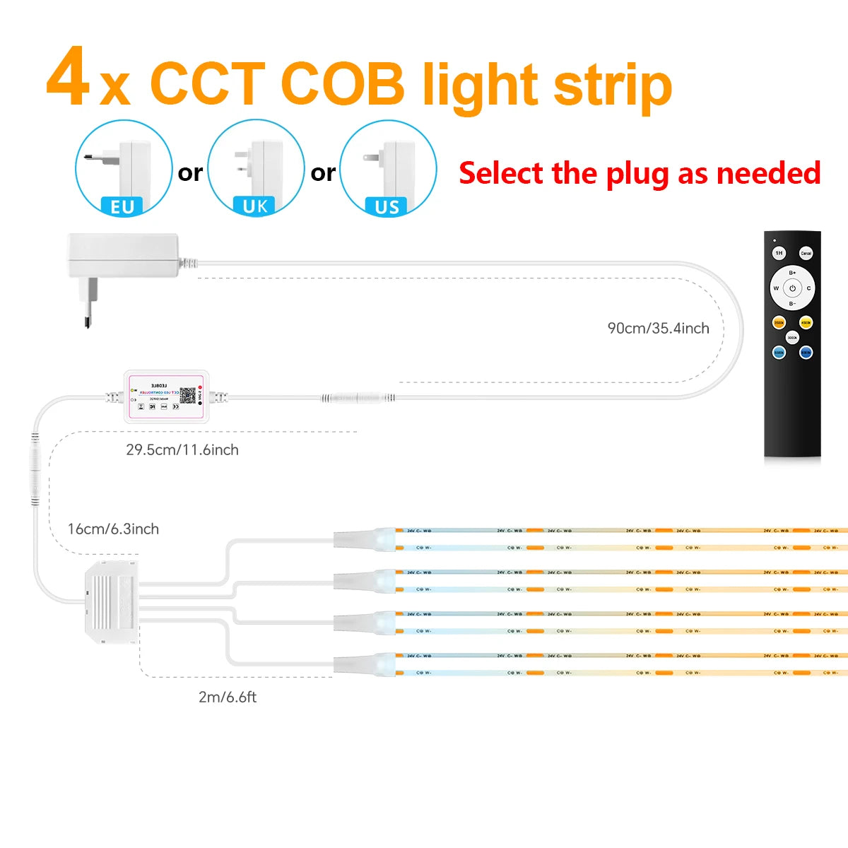 bande lumineuse cob cct adhésive blanc moderne télécommande bluetooth contrôleur adaptateur secteur 3500k 6000k