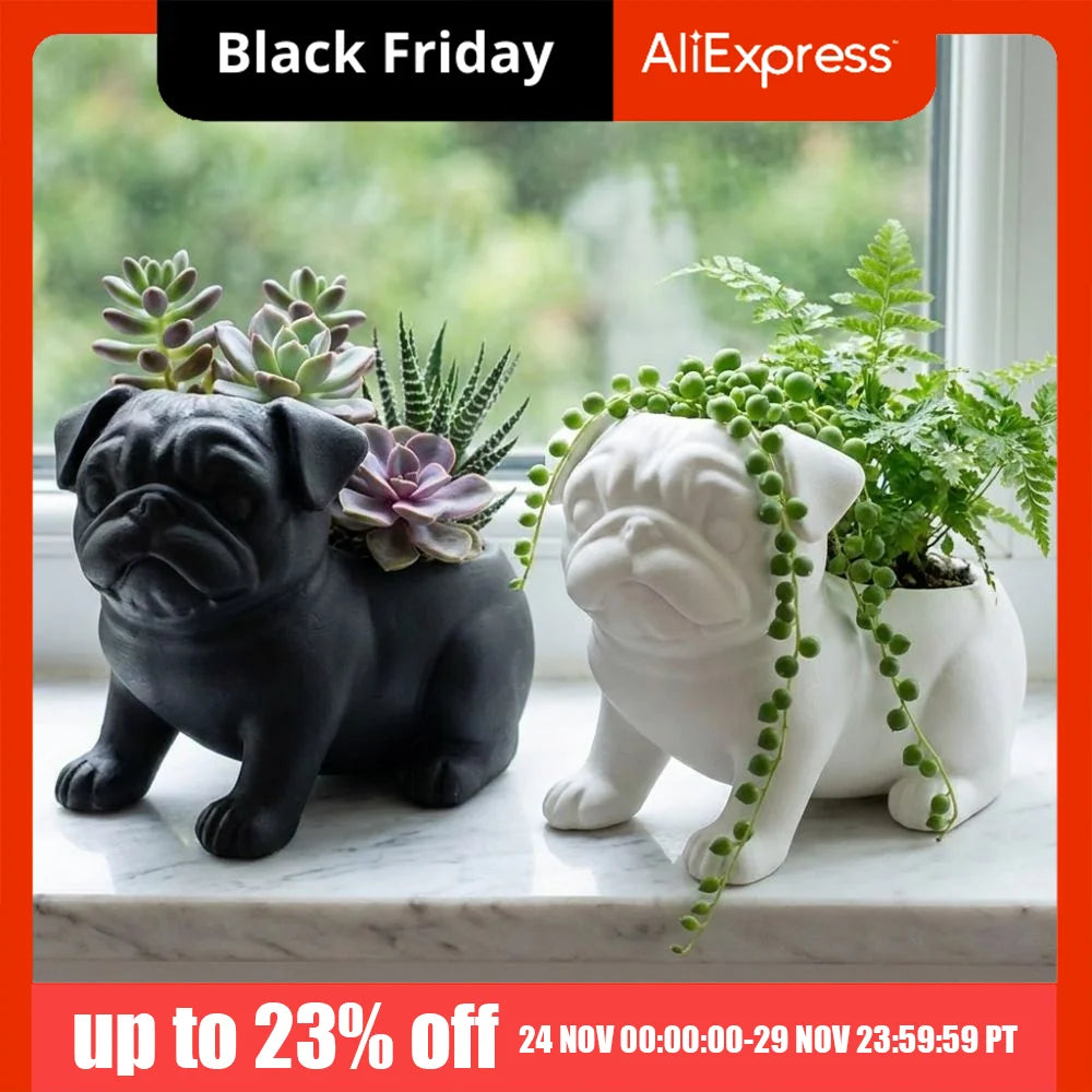 cache pot forme chien noir blanc marron texture résinée moderne intérieur extérieur plantes succulentes