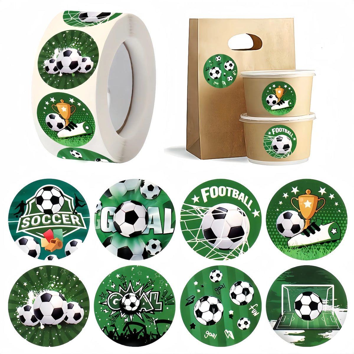 autocollants sportifs vert blanc noir ballon soccer goal football adhésifs festifs enveloppes cartes cadeaux
