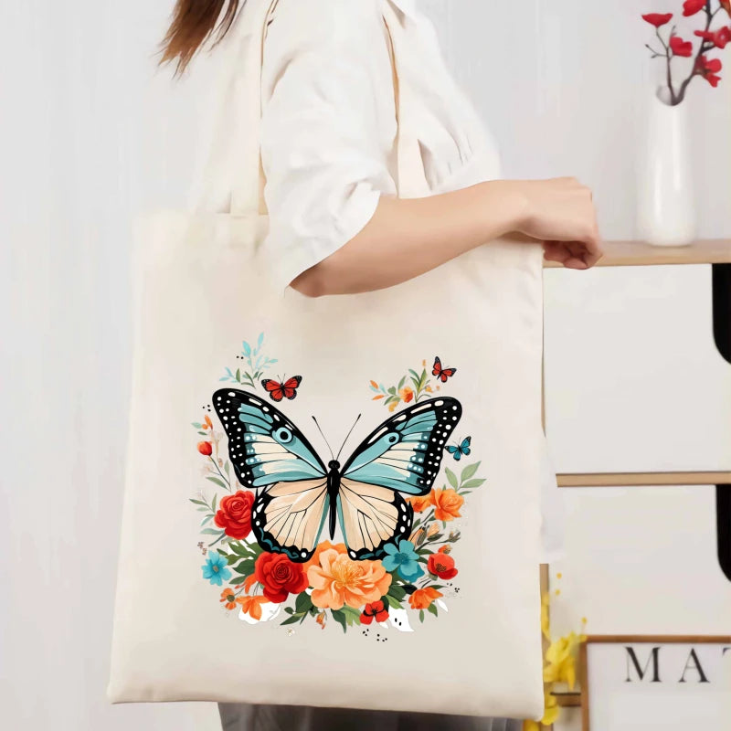 sac main toile papillon fleurs beige respectueux environnement multifonction poignées tissu