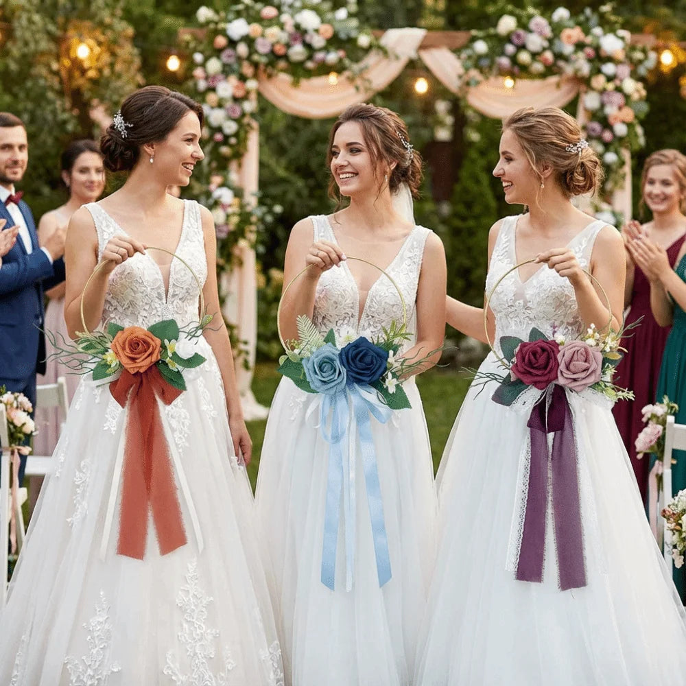accessoires mariage bohème fleurs artificielles roses feuilles vertes rubans cercles dorés demoiselles honneur