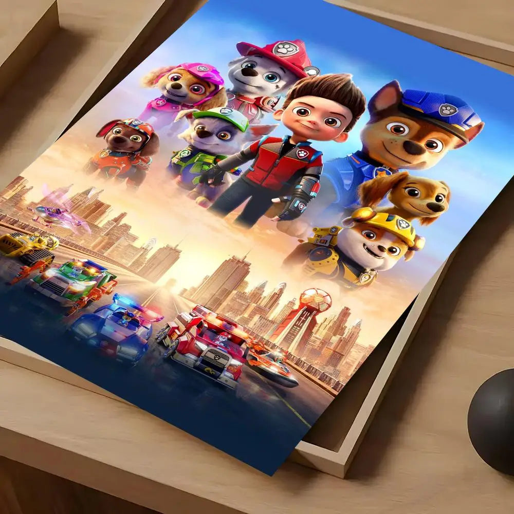 affiche paw patrol moderne personnages animés logo the mighty movie bleu violet rose jaune