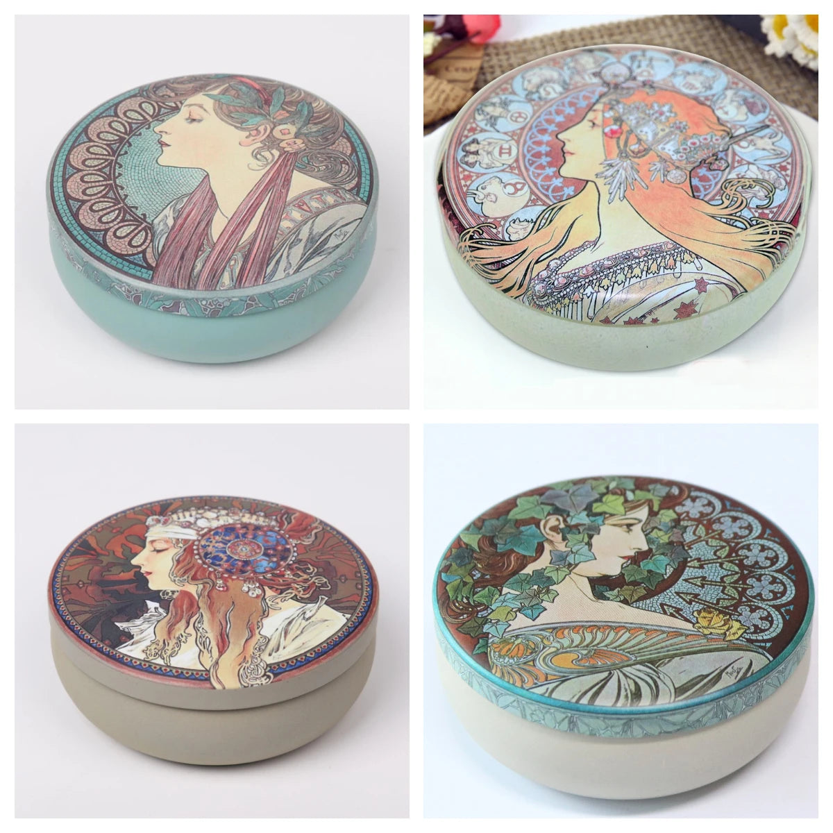 boîte ronde réutilisable métal art nouveau femmes stylisées motifs floraux ornementaux bleu clair beige