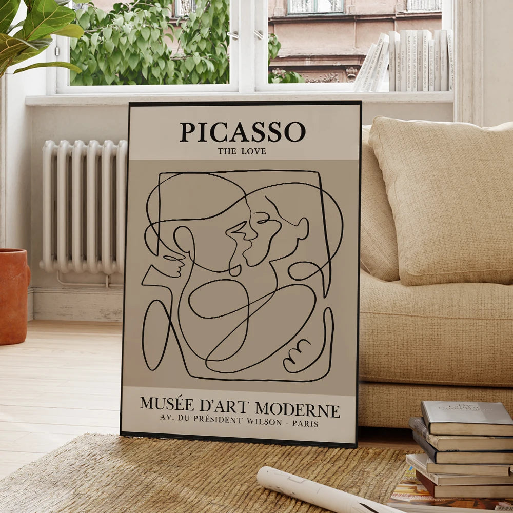 affiche abstraite baiser amour contemporaine minimaliste toile noir beige cadre aluminium