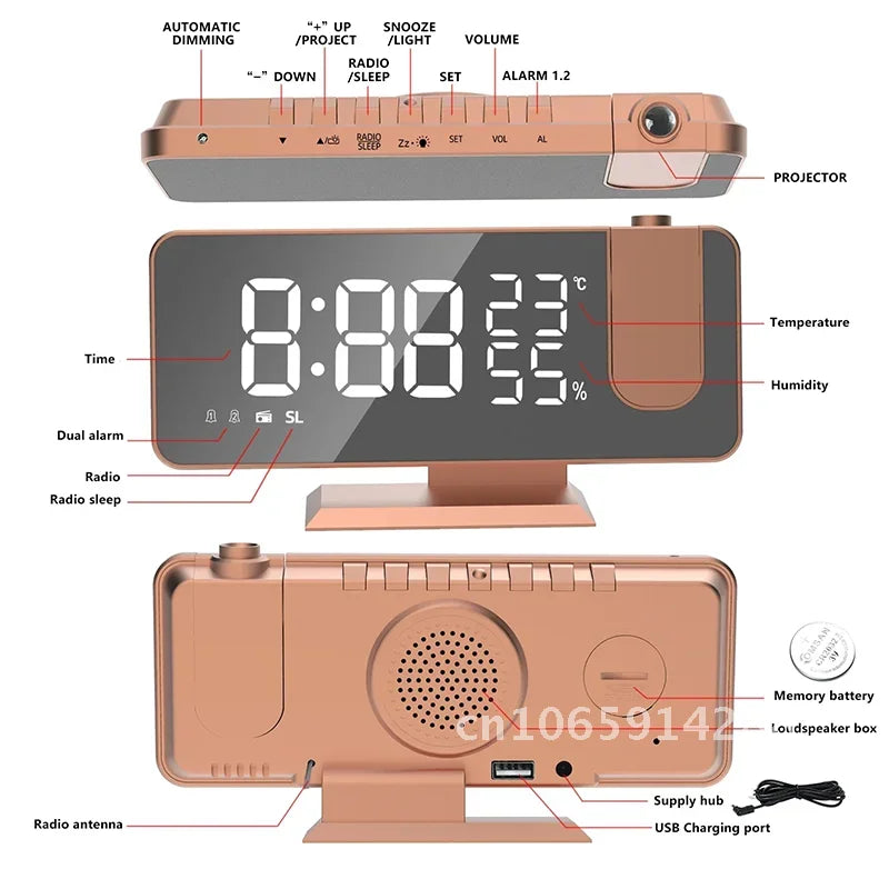horloge multifonctionnelle or rose moderne radio double alarme projection