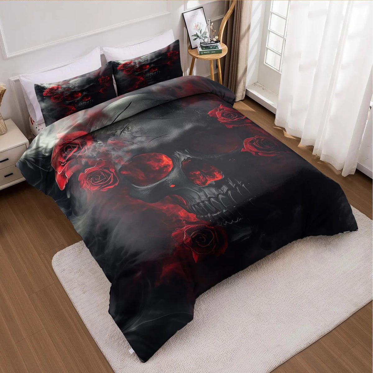 ensemble literie gothique motif squelette noir rouge oreillers housse couette imprimée