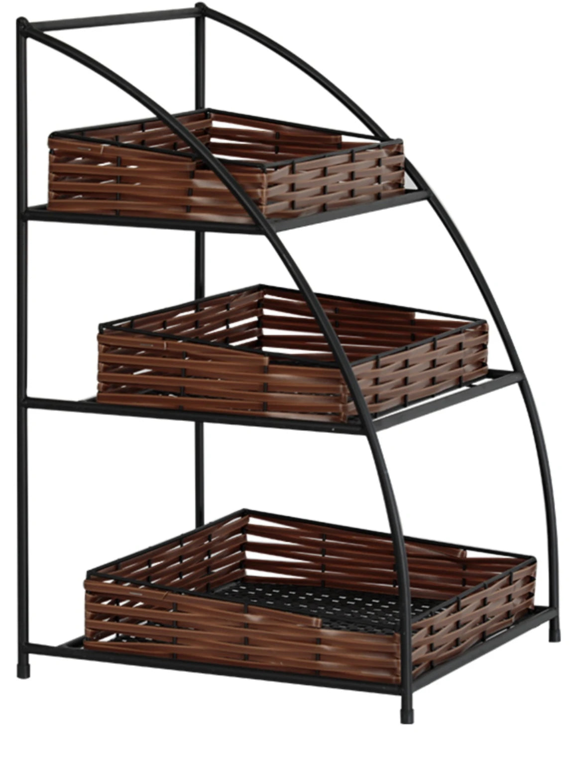 étagère moderne rustique paniers rotin structure métallique noir brun clair multifonctionnelle rangement cuisine