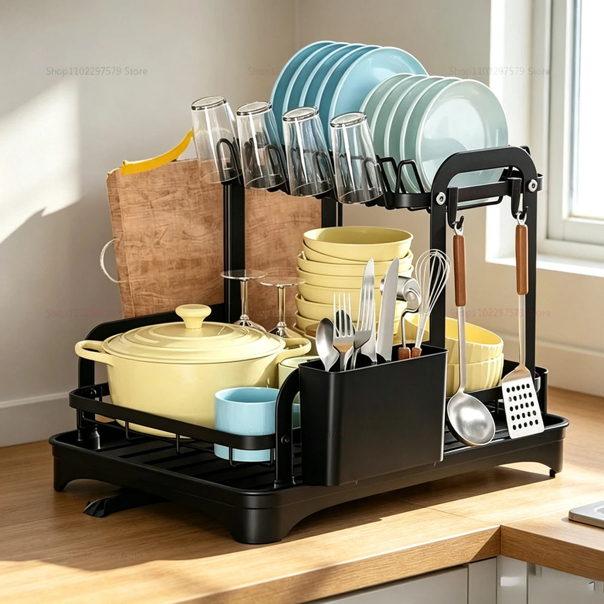 égouttoir vaisselle multifonctionnel noir moderne porte couteaux verres plats coupelles réchaud couverts cuisinière grille