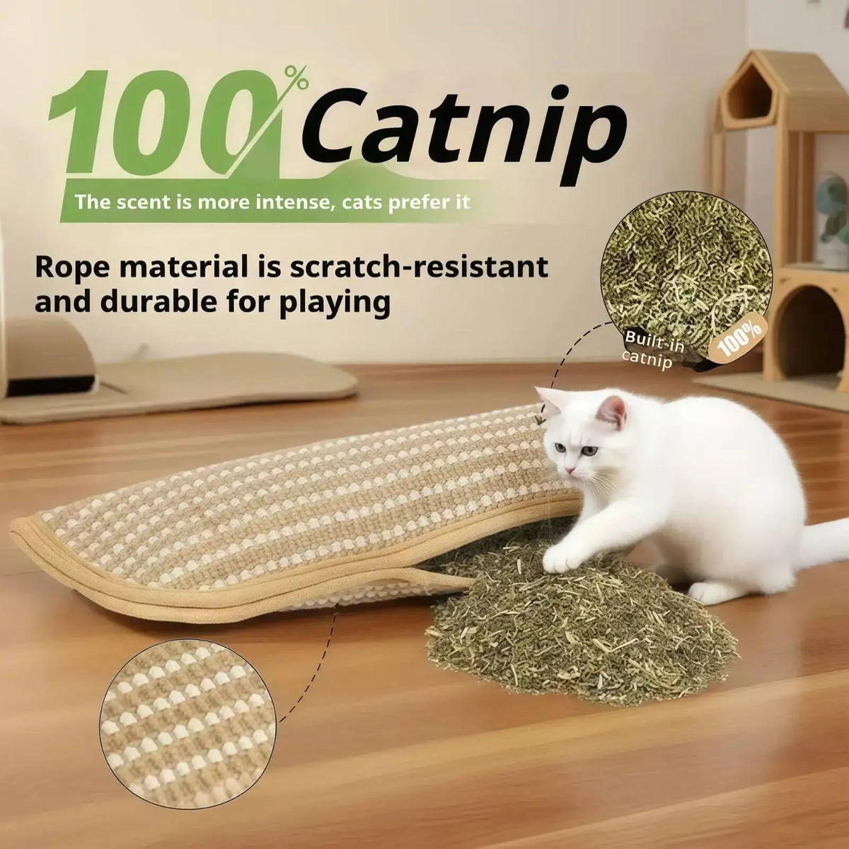 tapis chat moderne beige tissé résistant jouet interactif minimaliste
