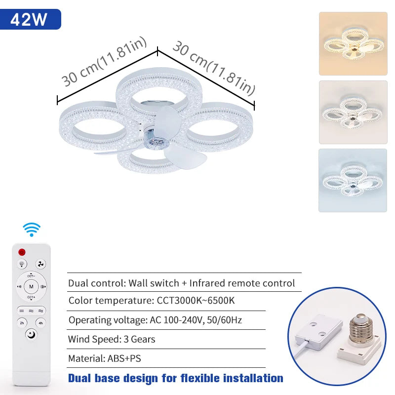 ventilateur plafonnier moderne blanc strass télécommande led vitesses minuterie lumières