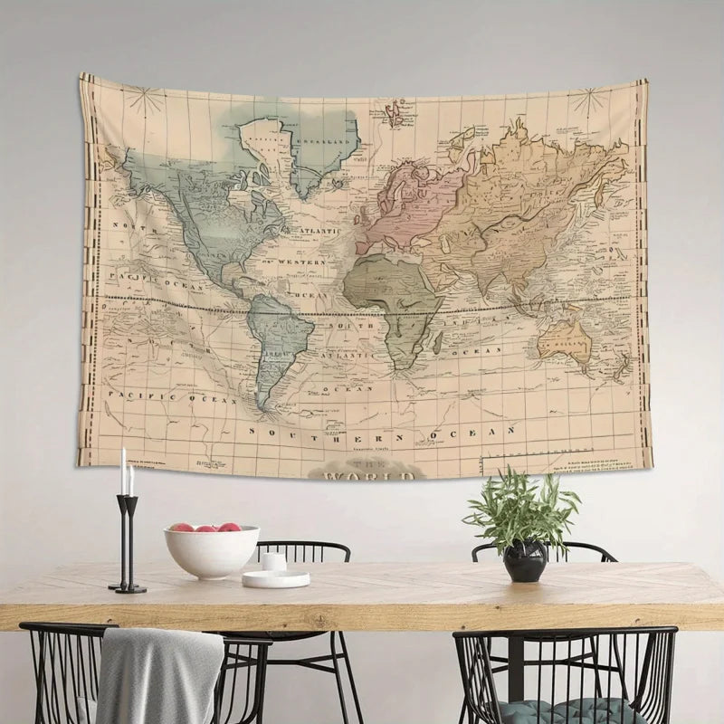 tapisserie murale carte monde ancienne beige vert bleu rose vintage opacité totale décoration intérieure