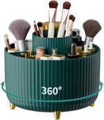 organisateur maquillage rotatif blanc rayures verticales moderne pieds dorés compartiments pinceaux crayons lèvres soins