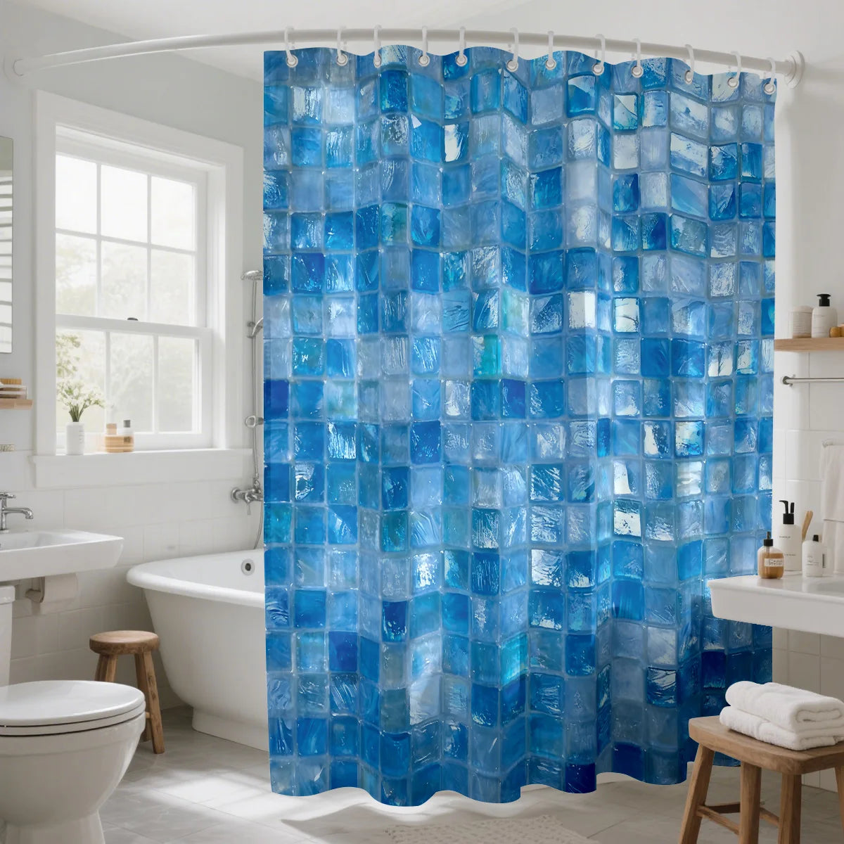rideau douche bleu carreaux géométriques moderne opacité ourlet standard polyester 200x180cm anneaux
