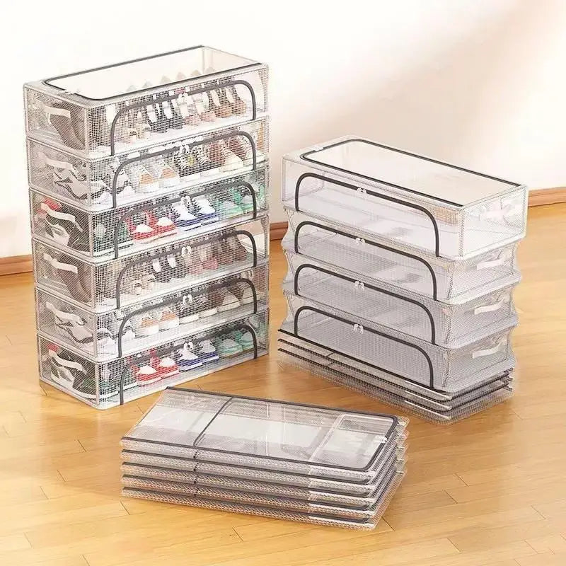 boîtes rangement chaussures transparentes maille métallique empilables moderne poignées organisation pratique esthétique ventilation optimale