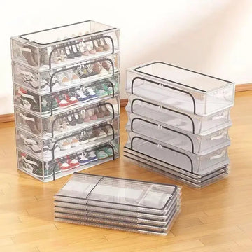 boîtes rangement chaussures transparentes maille métallique empilables moderne poignées organisation pratique esthétique ventilation optimale