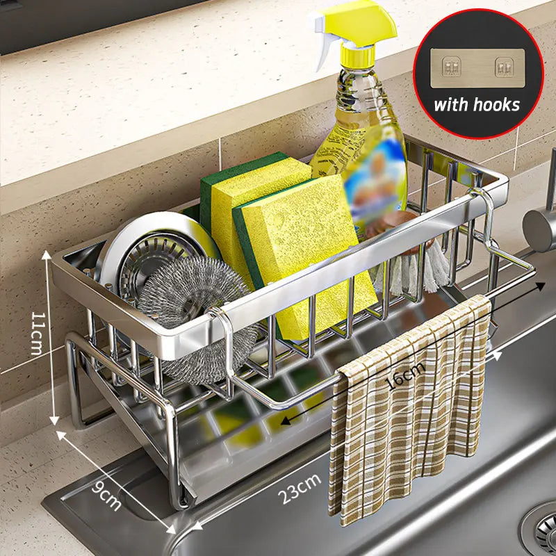étagère cuisine inoxydable moderne adhésif gobelet nettoyage gant brosse serviette savon flacon liquide douche