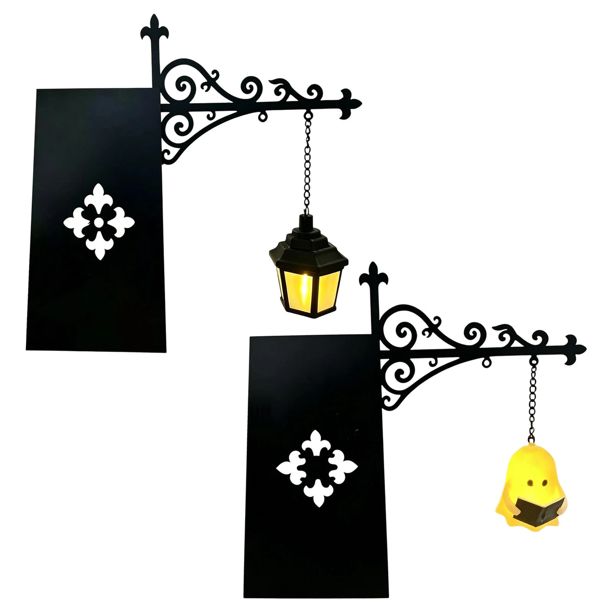 lanterne suspendue support métal forgé décoration murale motif floral panneau rectangulaire piles livres littéraire