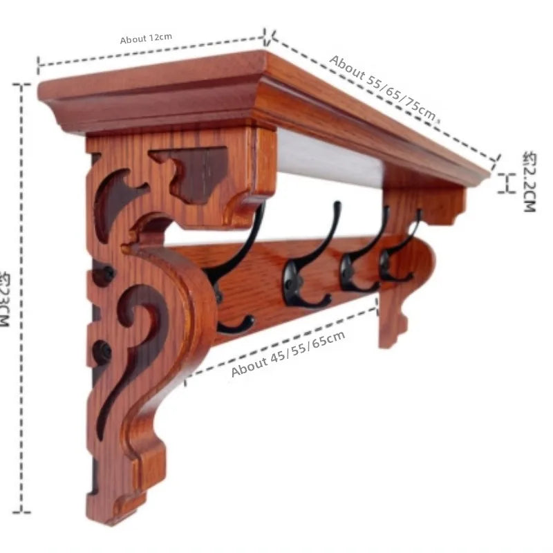 porte manteau étagère murale bois marron foncé crochets décor sculpté motifs floraux classique vis